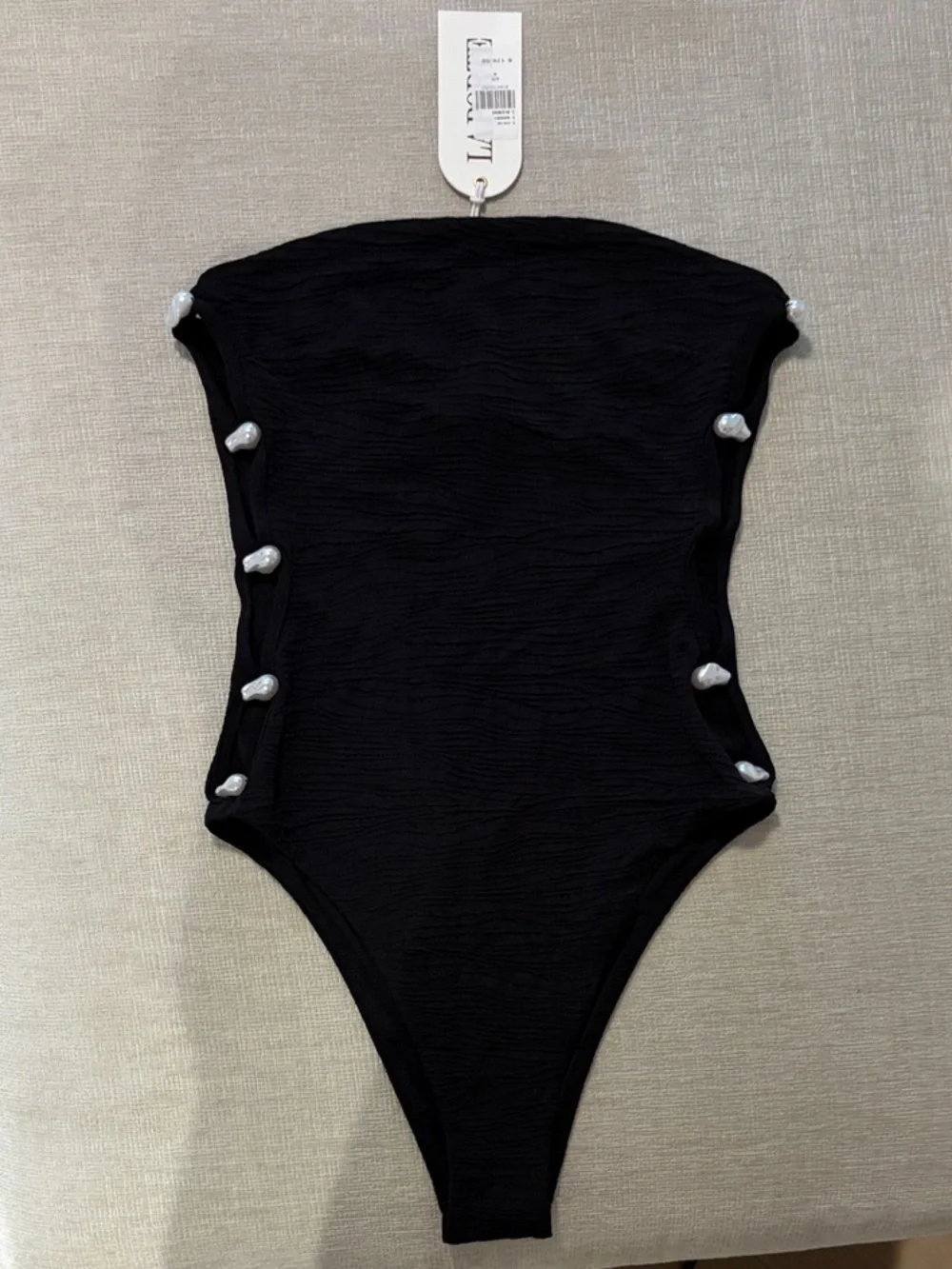 LA PORTE Stephanie One Piece Swimsuit Jet Black Jacquard Cutout Pearl Small NEW